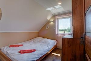 Habitación pequeña con cama y ventana en Wilczy Jar Bieszczady, en Bukowsko