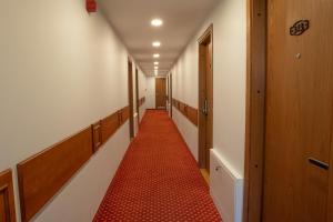 a corridor with a red carpet in a hallway at Plytu 9 apartment in Palanga
