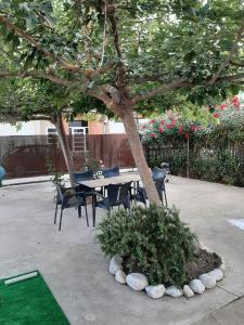 una mesa y sillas bajo un árbol en un patio en Casa Les Buganvilles, en Deltebre