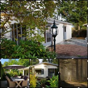 a collage of photos of a house and a street light at De Blauwe Reiger mooi dubbel chalet in de Veluwse bossen in Putten