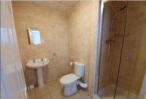 a bathroom with a shower and a toilet and a sink at Stratton Cottage Guesthouse in Biggleswade