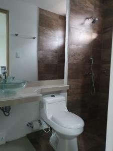 a bathroom with a toilet and a sink and a shower at HOTEL SAN PEDRO in La Paz