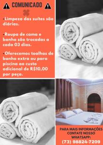 a collage of two pictures of towels on a bed at Pousada Boa Sorte in Cumuruxatiba
