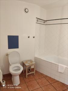 een badkamer met een toilet en een bad bij Maisonnette mitoyenne 2 étoiles paisible piscine océan lac vélo marche idéal pour tous in Lacanau-Océan