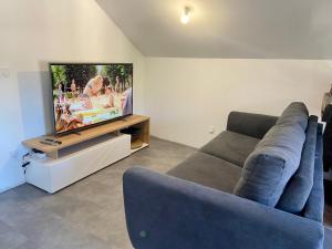 A television and/or entertainment centre at BORD DE LAC,2 chambres SUPERBE VUE LAC 5mn Evian