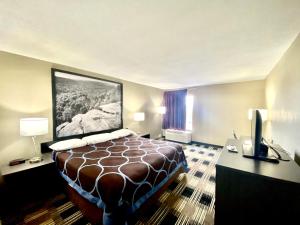 ein Hotelzimmer mit einem Bett und einem Schreibtisch in der Unterkunft Super 8 by Wyndham Conway in Conway