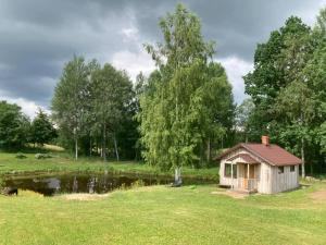 un pequeño cobertizo en un campo con un estanque en Svētgravas, en Aklaisciems