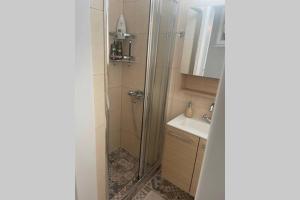 a bathroom with a shower and a sink at CASA LOUKAS in Nerotriviá +37 photos