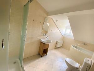 a bathroom with a sink and a toilet and a shower at Ośrodek Szkoleniowo Wypoczynkowy GOPR in Duszniki Zdrój