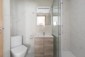 uma casa de banho com um WC, um lavatório e um chuveiro em Exclusivo loft nuevo en la plaza del Ayuntamiento em Valência