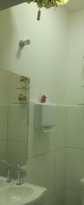 ein weißes Badezimmer mit Waschbecken und Spiegel in der Unterkunft Hotel Tomazina in Tomazina