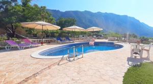einen Pool mit Stühlen und Sonnenschirmen in einem Resort in der Unterkunft Vila Pegaz in Virpazar