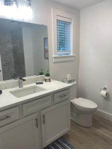 a bathroom with a sink and a toilet and a mirror at Harbourtown Suites in Plymouth