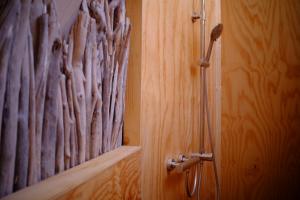 a shower in a bathroom with a shower curtain at That's life Glamping - Dolomite Experience in Dorgnan