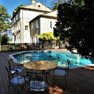 瓦勒雷阿斯的住宿－Château MontPlaisir charming b&b in Provence，游泳池旁的桌椅