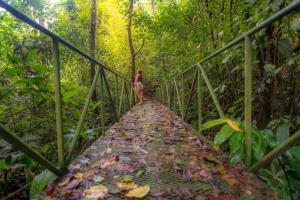 a woman walking across a bridge in the forest at Ávita Lodge in Quesada