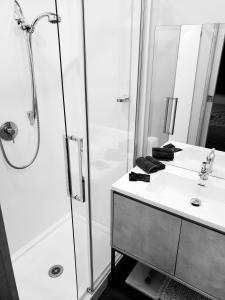 a bathroom with a shower and a white sink at Smylies Accommodation in Springfield