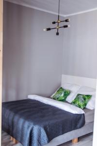 a bedroom with a bed with green and white pillows at Apartamenty Długa 6 in Bydgoszcz