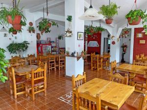 un restaurante con mesas de madera, sillas y plantas en Hotel Chinguirito, en Villa del Carbón