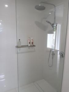 bagno con doccia e porta in vetro di SeaTurtle a Clifton Beach