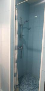 a shower with a shower curtain in a bathroom at Avrora Hotel in Novosibirsk