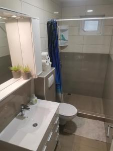 een badkamer met een wastafel, een toilet en een douche bij Apartments Valentino in Gradac