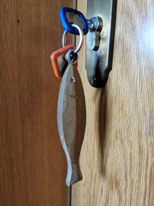 a pair of keys on a wooden door at Ferienwohnung Nordlicht in Großdubrau