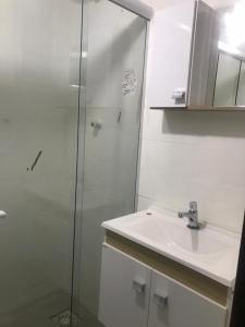 uma casa de banho com um lavatório e uma cabina de duche em vidro. em LOFT aconchegante no Centro de Macaé, Wifi, Ar condicionado e Cozinha completa em Macaé