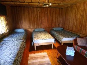 Kadariku Tourism Farm في Sakla: ثلاثة أسرة في غرفة بجدران خشبية