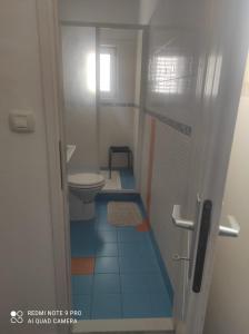 a bathroom with a toilet and a blue tile floor at House Vodice in Vodice +36 photos