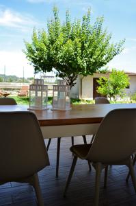 einem Holztisch mit Stühlen und einem Baum im Hintergrund in der Unterkunft Covo del Carbonaro in Ascoli Piceno