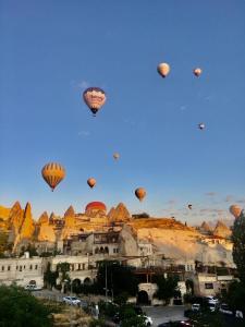 un montón de globos de aire caliente volando en el cielo en Aren Cave Hotel And Art Gallery en Goreme