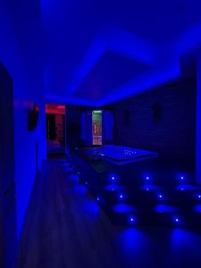 Spa privatif by XELA في أوكسير: غرفة زرقاء مع سرير وأضواء زرقاء