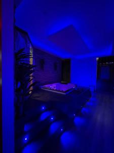 Spa privatif by XELA في أوكسير: غرفة زرقاء مع سرير ومصنع