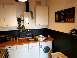 a kitchen with a sink and a washing machine at Design-Apartment für 4 mit Küche Nahe der City in Hannover