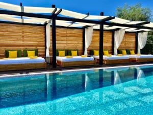 una piscina con 2 camas y un dosel sobre una piscina en Alpina Luxury Chalets, en Banya