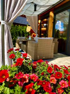 un patio con flores rojas, mesa y sillas en Alpina Luxury Chalets, en Banya