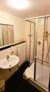a bathroom with a sink and a shower at Hotel Krone in Königsbrunn