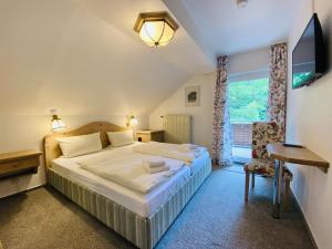 a bedroom with a bed and a tv and a window at Landhotel Edersee in Waldeck