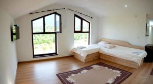 拉茲洛格的住宿－Вила Бойков Рид，一间卧室设有两张床和两个窗户。