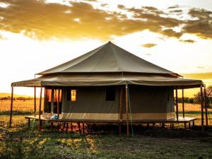 une grande tente au milieu d'un champ dans l'établissement Serengeti Sound of Silence, au parc national du Serengeti