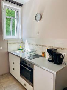 a kitchen with a sink and a clock on the wall at Villa FeWo mit separaten Schlafmöglichkeiten, zentral gelegen in Chemnitz