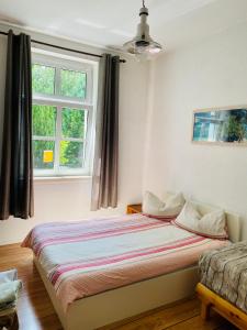 Schlafzimmer mit einem Bett und einem Fenster in der Unterkunft Villa FeWo mit separaten Schlafmöglichkeiten, zentral gelegen in Chemnitz