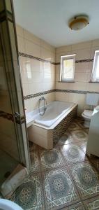 a bathroom with a tub and a toilet at Apartment Luna in Ptuj