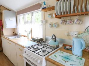 a small kitchen with a stove and a sink at Chalet 18 Smarty's View in Aberystwyth