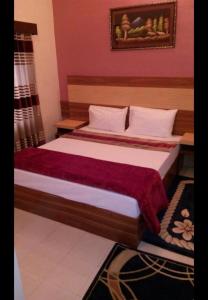 een slaapkamer met een bed met een rode muur bij Springfield Guest House Rawalakot in Rāwala Kot