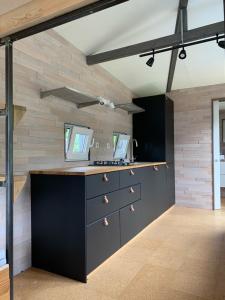 a kitchen with black cabinets and a wooden wall at Tiny House by Lieblingsplatz in Sankt Peter-Ording