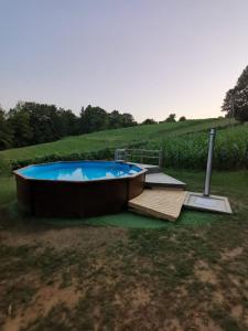 una bañera de hidromasaje en medio de un campo en Tourist Farm Rajšp en Benedikt v Slovenskih Goricah