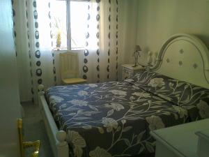 トレビエハにある1th line Apartment playa del curaのベッドルーム1室(青と白の毛布付きのベッド1台付)