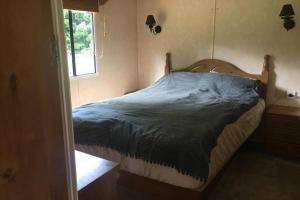 a bed in a bedroom with a window at Domek na Trylkówku in Szczytno